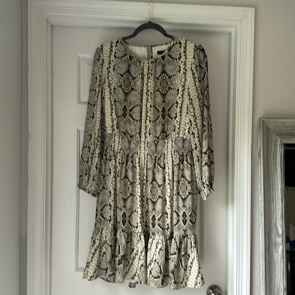 Flutter hem, 3/4 sleeve, reptile print J. Crew dress